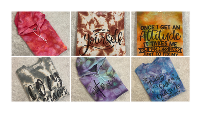 Vibrant tie-dye clearance sale featuring colorful hoodies and crewneck sweatshirts in various designs.