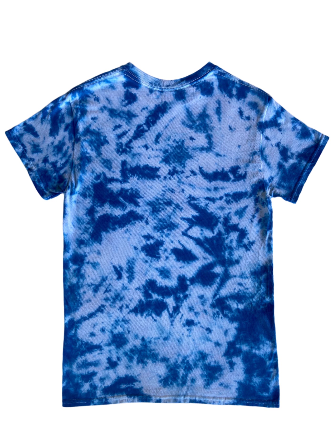 Size small, Back side of blue and white tie-dye pattern, short sleeve t-shirt.