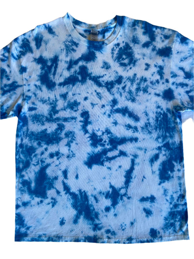 Size X-Large, Blue and White Tie-Dye pattern short sleeve t-shirt.