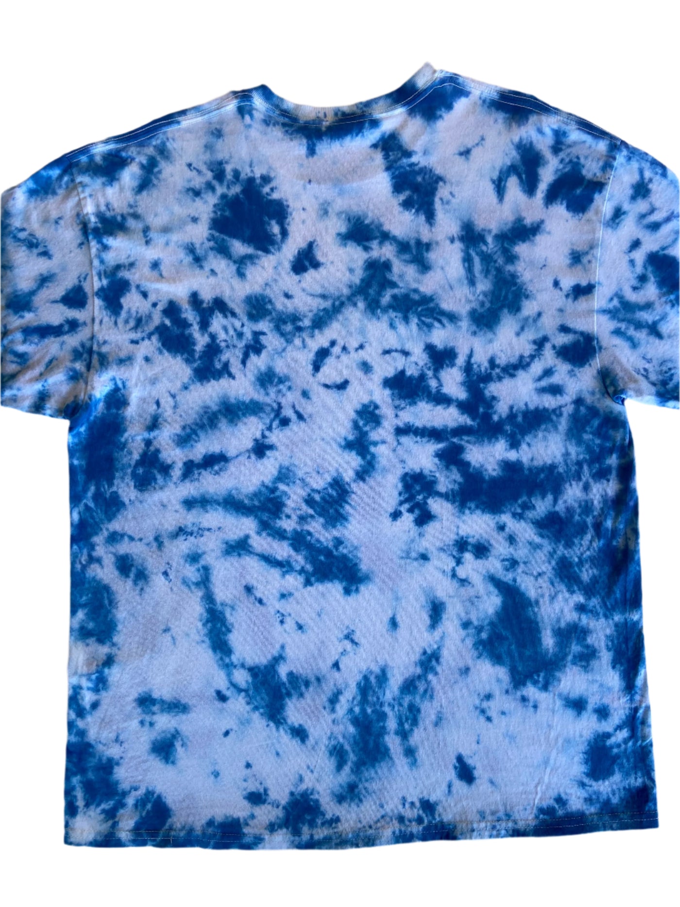 Back side of Size X-Large, Blue and White Tie-Dye pattern short sleeve t-shirt.