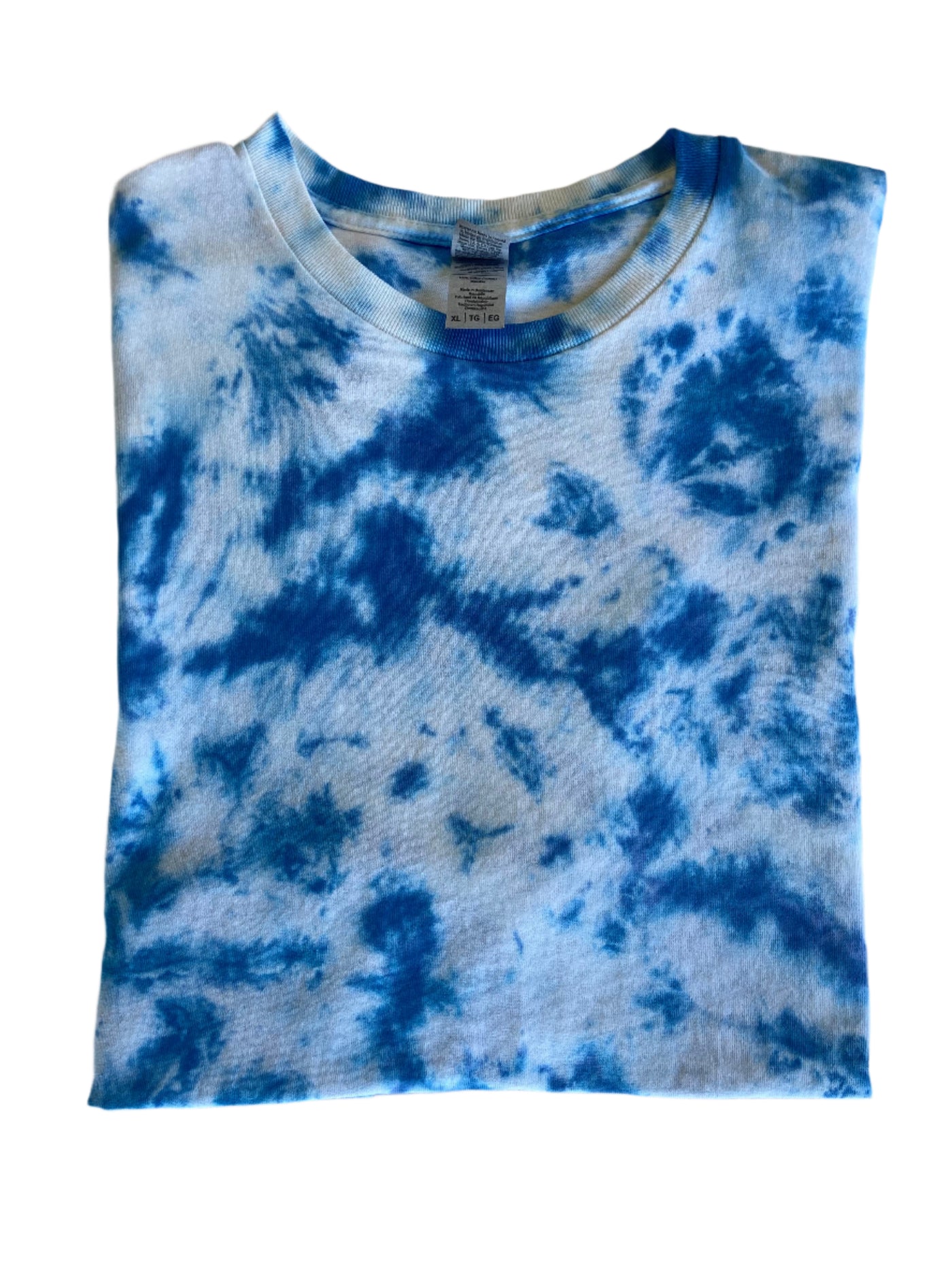 Size X-Large, Folded Size X-Large, Blue and White Tie-Dye pattern short sleeve t-shirt.