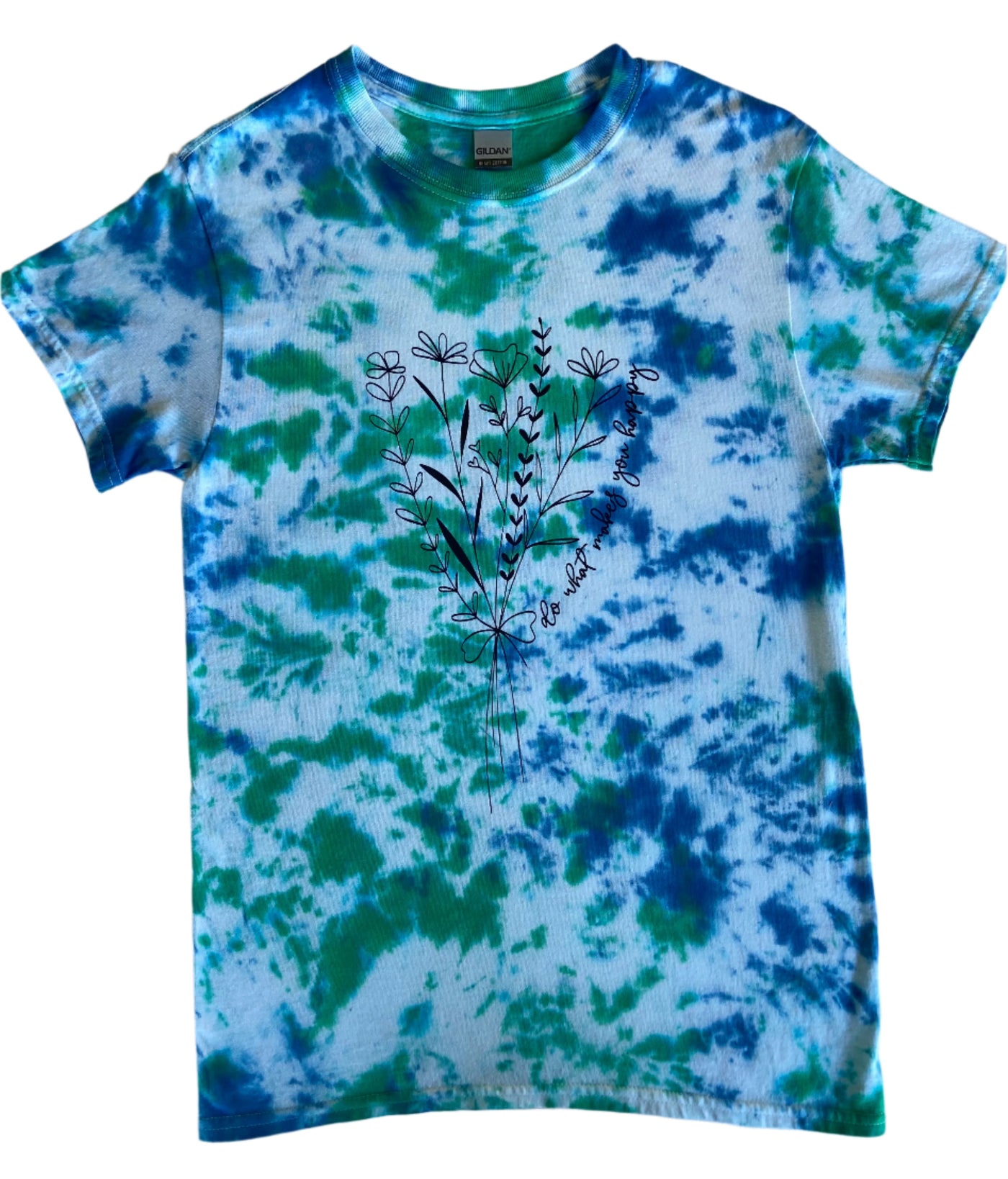 Blue, Green and White short sleeve tie-dye t-shirt with a floral image and cursive test "Do What Makes You Happy"