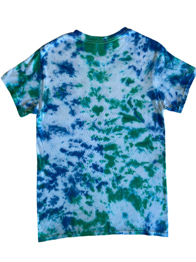 Back side of Blue, Green and White short sleeve tie-dye t-shirt.