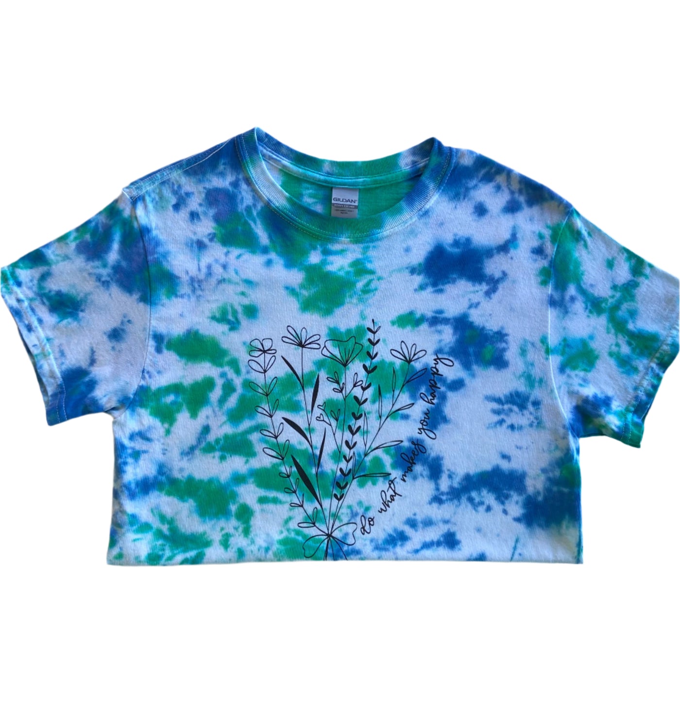 Blue, Green and White short sleeve tie-dye t-shirt with a floral image and cursive test "Do What Makes You Happy"